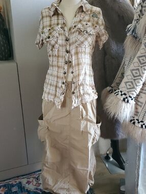 Beige Plaid Tissue Thin 100% Cotton Snap-Up Shirt